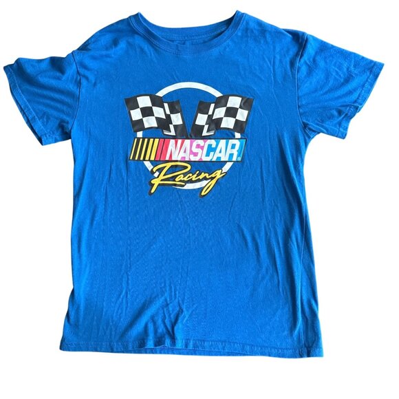 Nascar Racing Blue T-Shirt With Checkered Flags Graphic - Picture 1 of 4